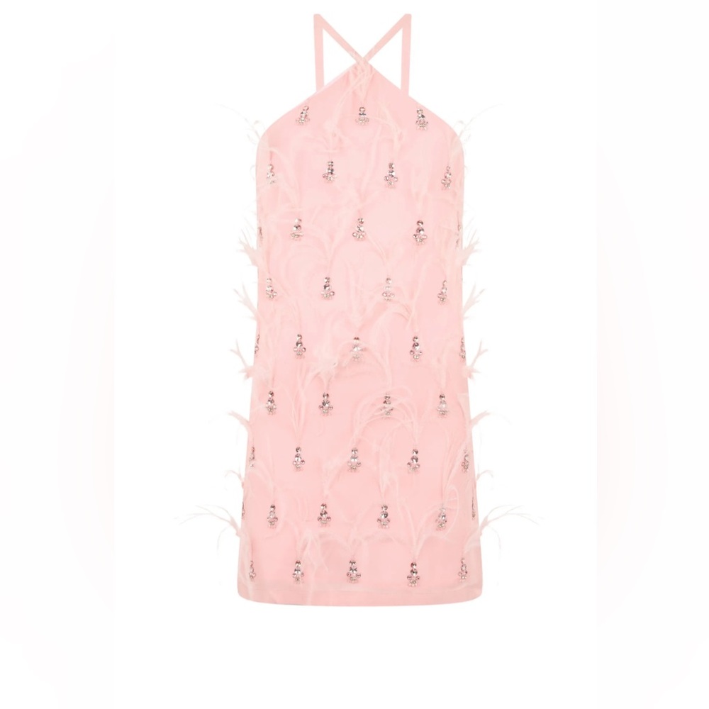 Embellished Feather-Trim Pink Mini Dress
